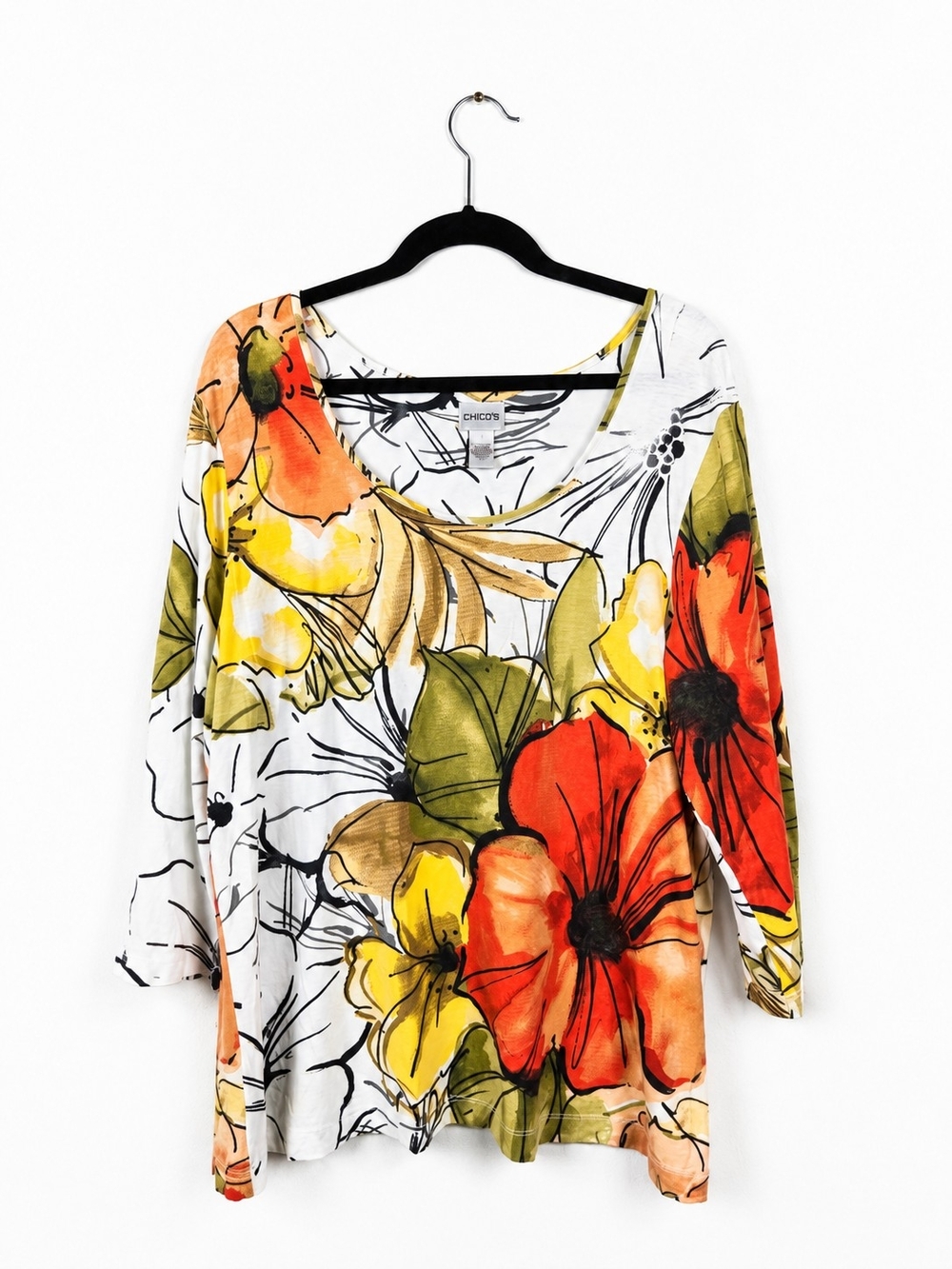 Chico's Floral Abstract Top Size 3 XL Artsy Boho Travel Stretch Tunic